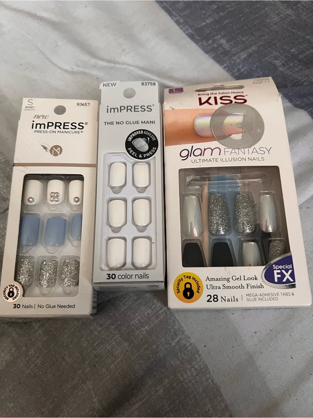 Kiss Glam Fantasy & Impress Press-On Nail Set in Silver, Blue, White and Black